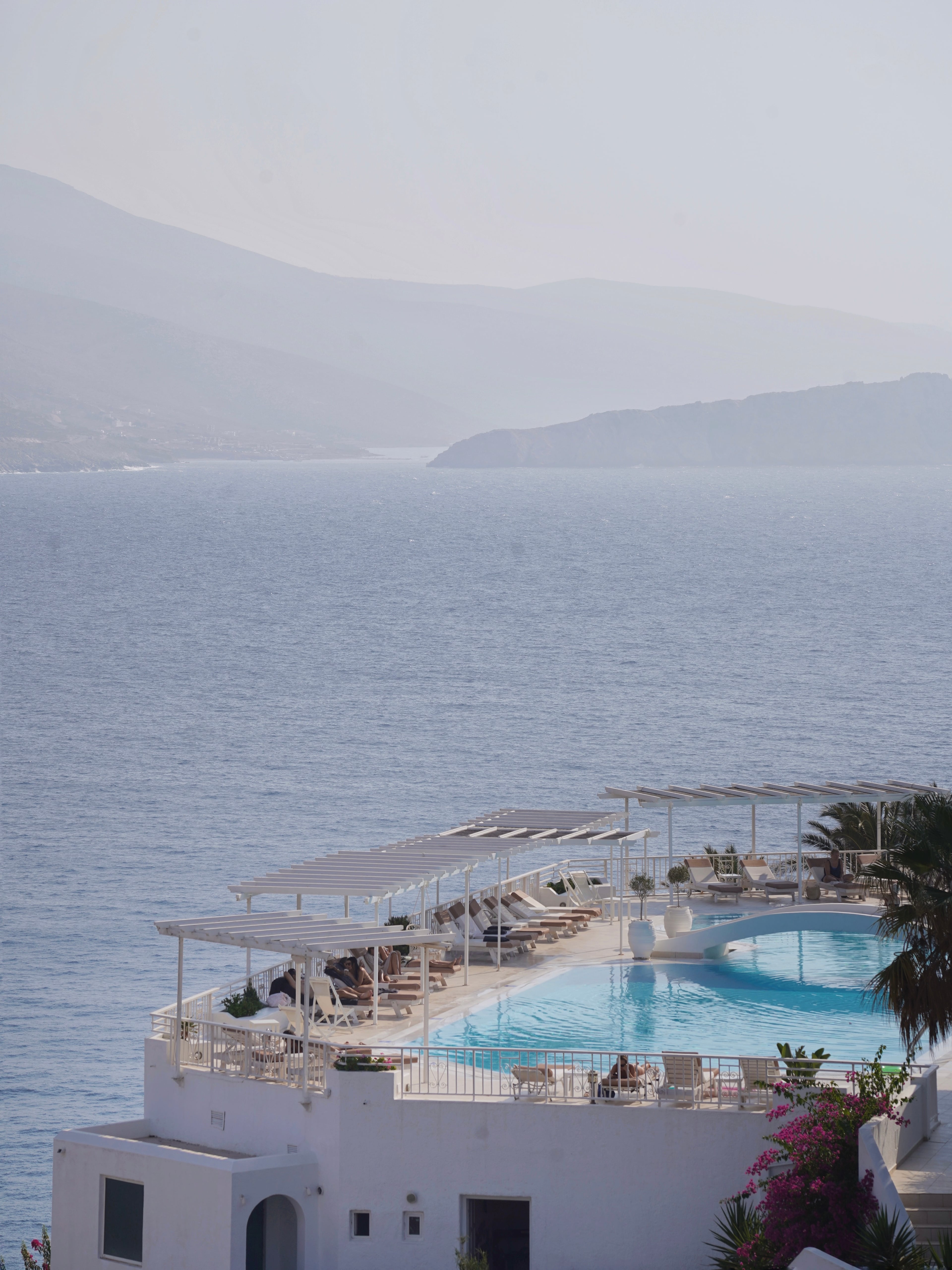 The resort pool deck overlooking the bay