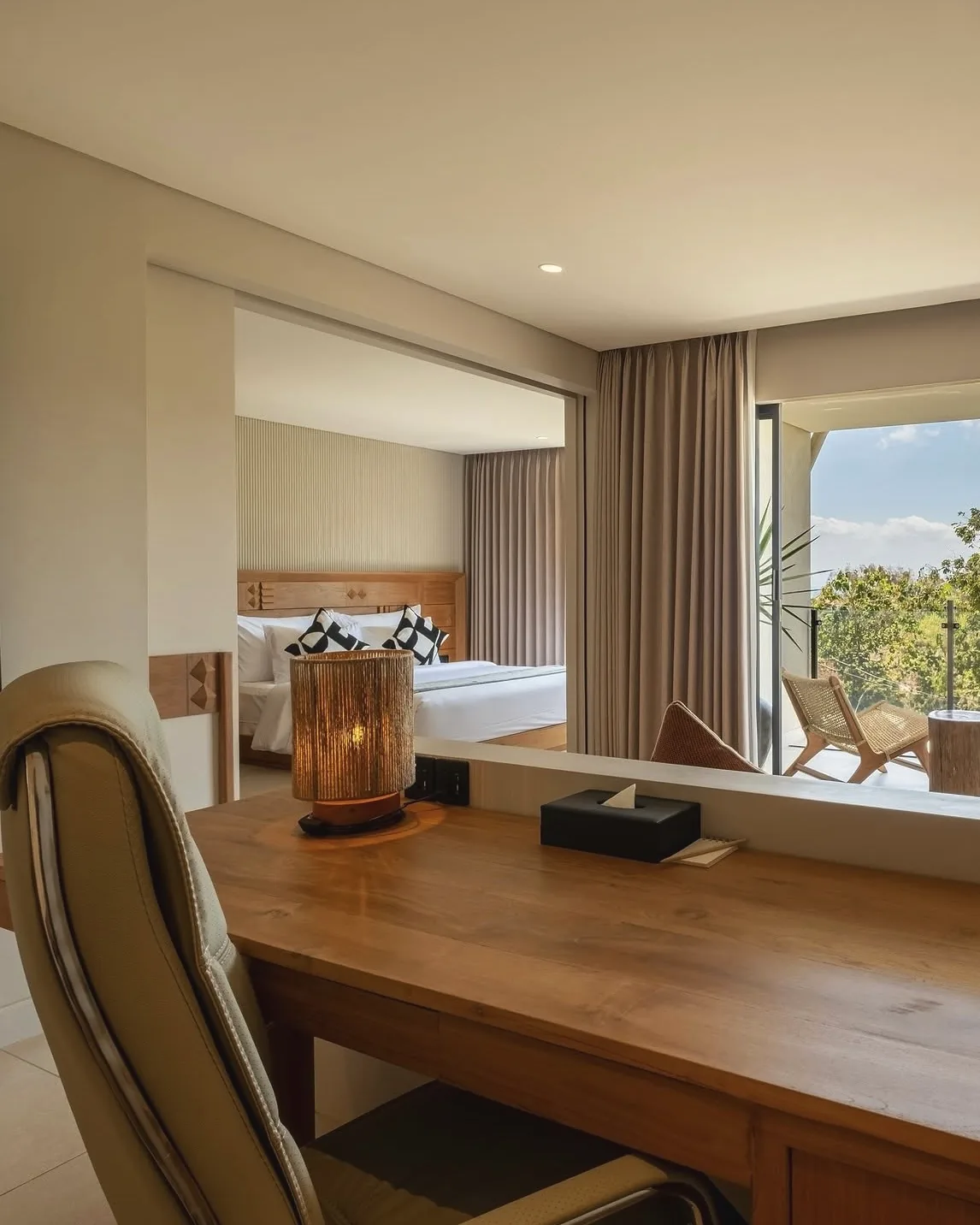 The suite, looking through to the bed and balcony